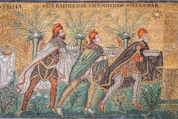 Ravenna, Italy - 01.11.2021 - The mosaic of the Three Magi in the Basilica of Sant Apollinare Nuovo...