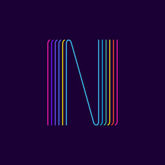 N letter logo in neon light style. Six thin lines colored font.