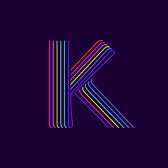 K letter logo in neon light style. Six thin lines colored font.