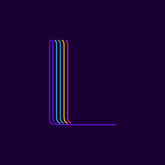 L letter logo in neon light style. Six thin lines colored font.