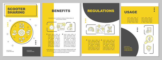 E-scooter sharing program brochure template. Eco friendly option. Flyer, booklet, leaflet print, cover design with linear icons. Vector layouts for presentation, annual reports, advertisement pages