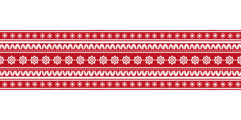 Scandinavian folk art Floral Christmas stamp pattern border seamless vector. Ethnic Nordic style sweater ornament decoration with flowers. Season red and white ribbon design for holiday party card.