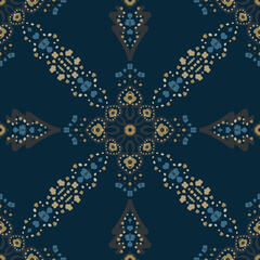 Seamless pattern. Christmas theme with christmas trees, hearts and butterflies. Colors blue, grey and golden yellow.