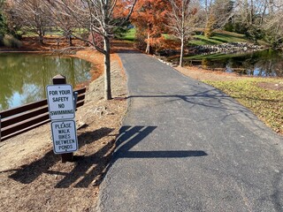 Walking Path Across Ponds (With No Swimming and Walk Bike Signs)