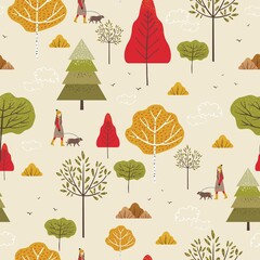 Seamless repeat pattern of autumn trees, fir trees, birch, bushes, leaves, woman in autumn clothes, dog, birds and clouds. Autumn walk landscape and nature elements. Illustration.