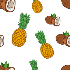 Coconut and Pineapple Seamless Pattern, Pina Colada.