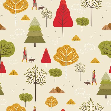 Seamless repeat pattern of autumn trees, fir trees, birch, bushes, leaves, woman in autumn clothes, dog, birds and clouds. Autumn walk landscape and nature elements. Illustration.