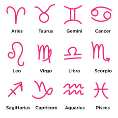 Zodiac signs. Pink. Vector flat black and white line drawing for printing, web design. Astrology, horoscope. Line icons of zodiac. Isolated pictograms on white background