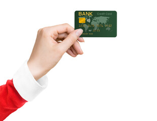Woman's hand wearing santa claus costume holding bank credit card isolated on a white background