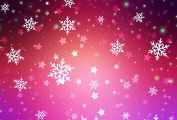 Light Pink, Yellow vector background with beautiful snowflakes, stars.