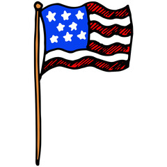 The icon is a colored flag of the USA. An American flag painted in doodle style on a pole, with red and white stripes and white stars on blue, an isolated element of patriotism on white for a design t