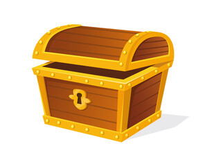 Opening chest. Wood Box trashure for gems or dollar, vector icon