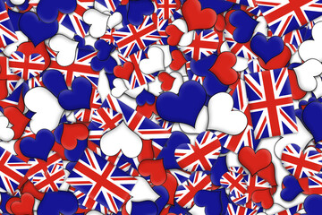 Background illustration of layers of Union Jack flags and heart shapes in red, white and blue.  I love UK concept.