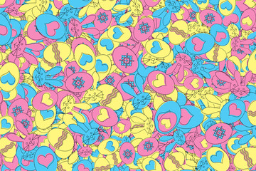 Memphis style Easter background illustration with eggs and bunnies in pink, yellow and blue
