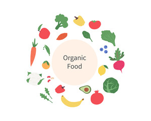 Organic food template.Healthy eating concept with fruits, vegetables and copyspace.Vector cartoon illustration