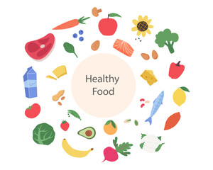 Diet and healthy food template.Healthy eating concept with fruits, vegetables and copyspace.Vector cartoon illustration.