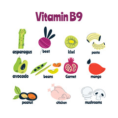 The main food sources of vitamin B9. Healthy food concept.