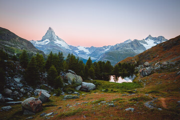 Morning scene and splendid views of the Matterhorn spire. Switzerland, Europe.