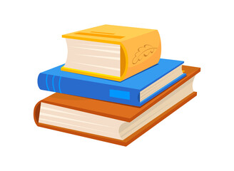 Pile university books. Group cartoon textbooks diaries of student reader, vector