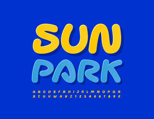 Vector colorful Sign Sun Park. Yellow Handwritten Font. Creative Alphabet Letters and Numbers set
