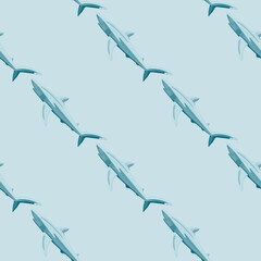 Seamless pattern Blue shark on pastel background. Texture of marine fish for any purpose.