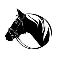 bridled horse side view head black and white vector silhouette outline