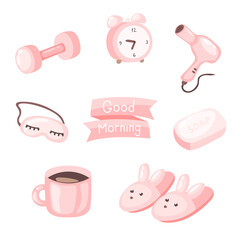 Cute morning routine stickers set in doodle style. Everyday morning habits cartoon icons. Sleep mask, pink ribbon, soap, slippers, hairdryer, alarm clock, dumbbell and coffee mug.