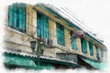 Ancient shophouse buildings in Bangkok watercolor style illustration impressionist painting.