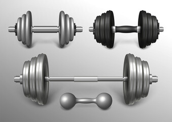 Set of metal barbell and loadable dumbbells realistic vector illustration. Heavy fitness sport tools for training, weightlifting workout. Powerlifting gear and gym equipment for strong muscles.