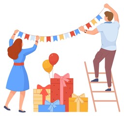Prepare to birthday. Man and woman hanging garland, vector illustration