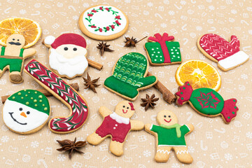 Gingerbread cookies on brown background