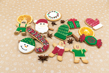 Gingerbread cookies on brown background