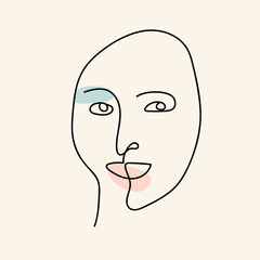 Abstract one line surreal face portrait. Vector illustration. Simple human head sketch. Digitally created drawing in minimalist style.