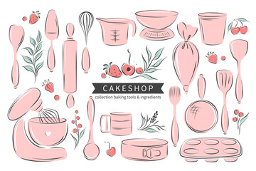 Big set tools, accessories and Ingredients  for cooking, baking items  dessert and pastry dishes. Whisk, cutlery, spatulas, mixer, scale. Vector illustration 