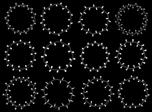 christmas new year wedding celebration party hanging string lights decoration round circles garlands set, isolated vector illustration festive  graphic