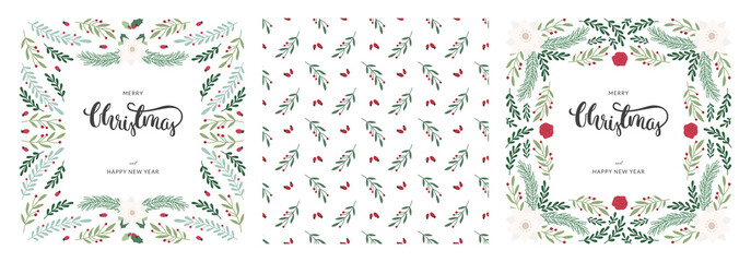 Set of Christmas square cards with floral border and brush calligraphy. With decorative pattern. Vector on white background.