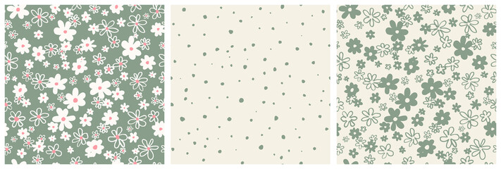 Sage green ditsy flowers and dots seamless repeat pattern set. Bundle of vector millefleurs all over surface prints. - obrazy, fototapety, plakaty