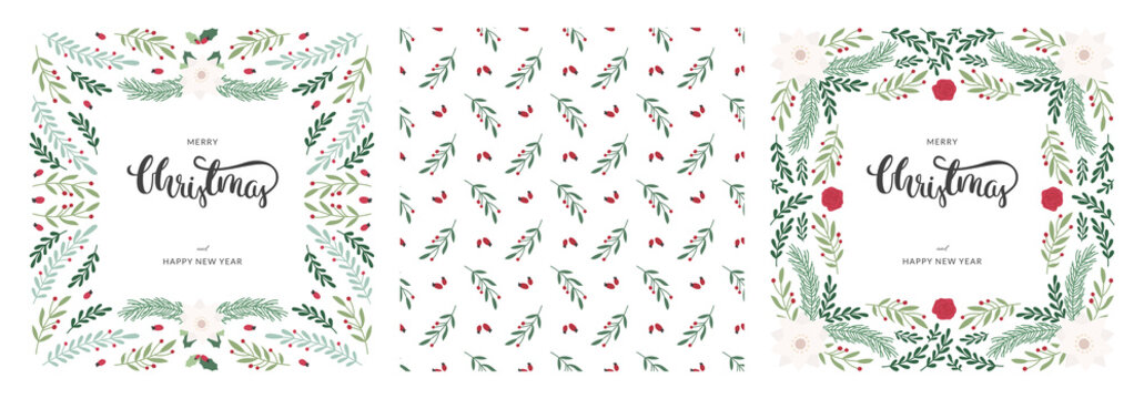 Set of Christmas square cards with floral border and brush calligraphy. With decorative pattern. Vector on white background.