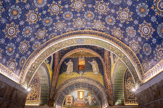Ravenna, Italy - 01.11.2021 - Mosaics in the ceiling of the Mausoleum of Galla Placidia