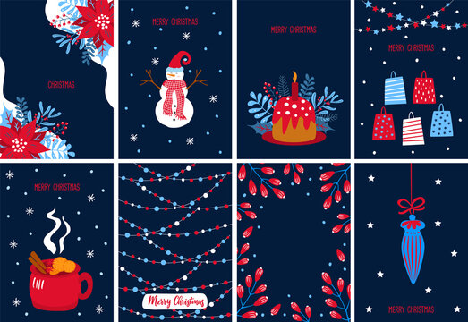merry christmas xmas happy new year festive greeting card template background in navy blue red and white colors, vector illustration graphic