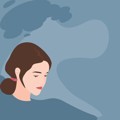 Close up side view of a sadness young woman on a dark blue background covered with clouds.Vector isolate flat design concept for health care someone who in lonely,depression or sadness and sorrow.