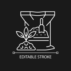 Dry fertilizer linear icon for dark theme. Mixture of supplements for plants. Growth increasing. Thin line customizable illustration. Isolated vector contour symbol for night mode. Editable stroke