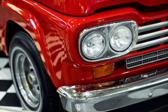 Close up shot of a Ford f100 red pick-up which produced in USA in 1960. Editorial Shot in Izmir Turkey.