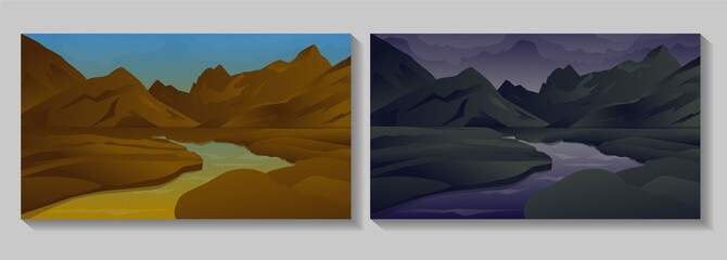 Landscape illustration with two color variation,sky ,hill,land and river