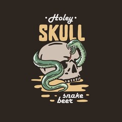 Beer skull with snake for print. Original brew design with skeleton and serpent for craft beer bar, pab or brewery