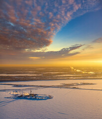 Aerial view of Samorlot lake in winter