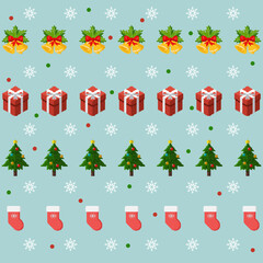 Christmas pattern background. bell, gift, tree and sock. for wallpaper, decoration and others