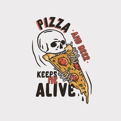Beer skull with pizza for print. Original brew or food design of skeleton and pizza for bar or cafe