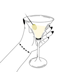 Woman hand holding martini glass, birthday party celebration in black and white style on white background, time to relax concept