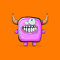 Vector cartoon funny pink monster with horn isolated on orange background. Smiling silly pink monster print sticker design template. Ghost, troll, gremlin, goblin, devil and monster